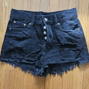 Aeropostale Hi Rise Button Up Black Distressed Denim Shorts